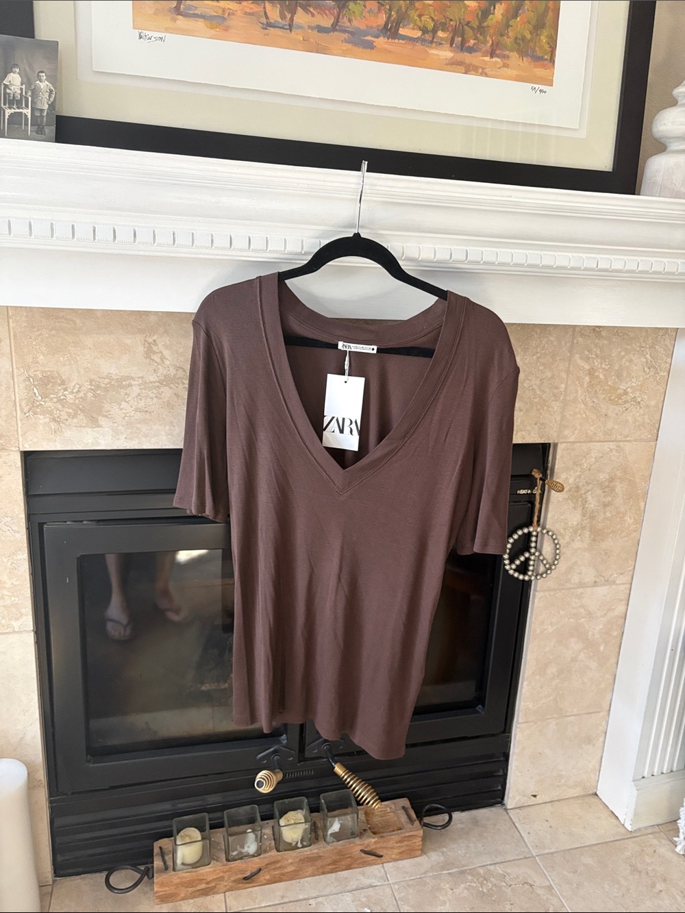 Zara Chocolate Brown V-Neck Short Sleeve Tee